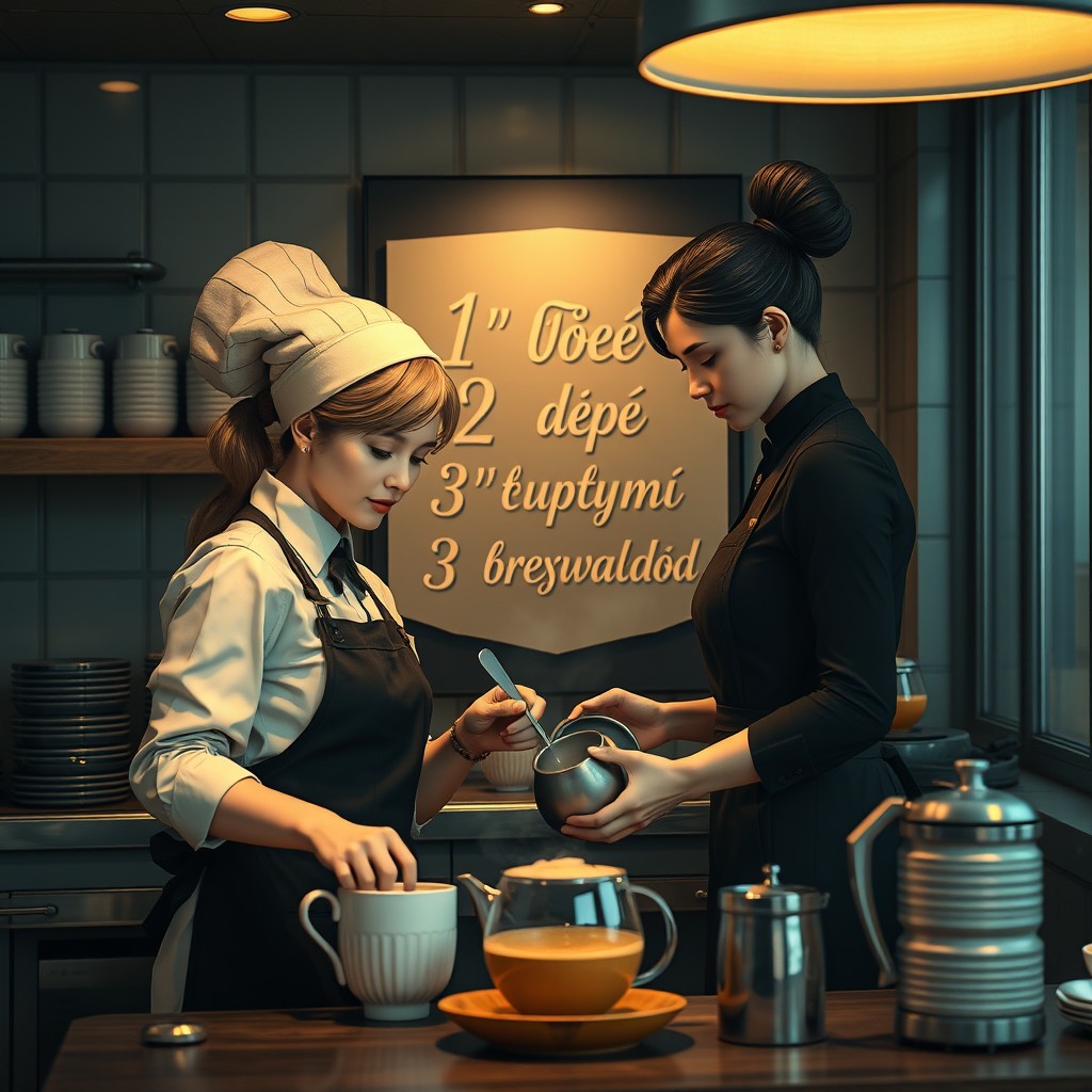 Космическая атмосфера внутри кафе с двумя работниками в стильной форме, готовящими кофе