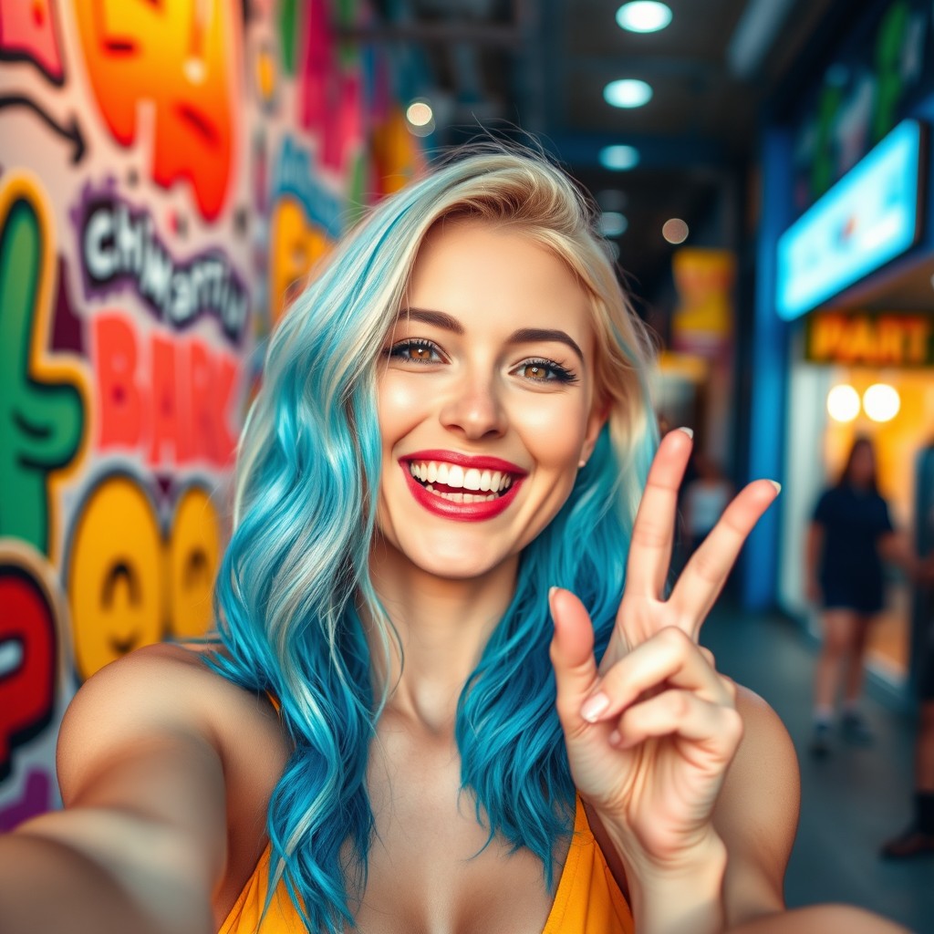 A vibrant blonde woman with striking blue hair, joyfully taking a selfie while playfully raising two fingers in a peace sign