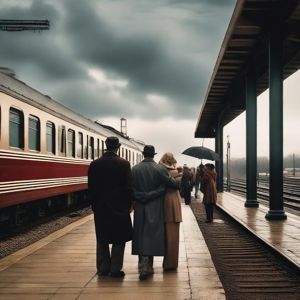 Multiple couples, expressing happiness and anticipation, standing on a vintage train station platform, eagerly awaiting the arrival of an impending train under a moody sky.