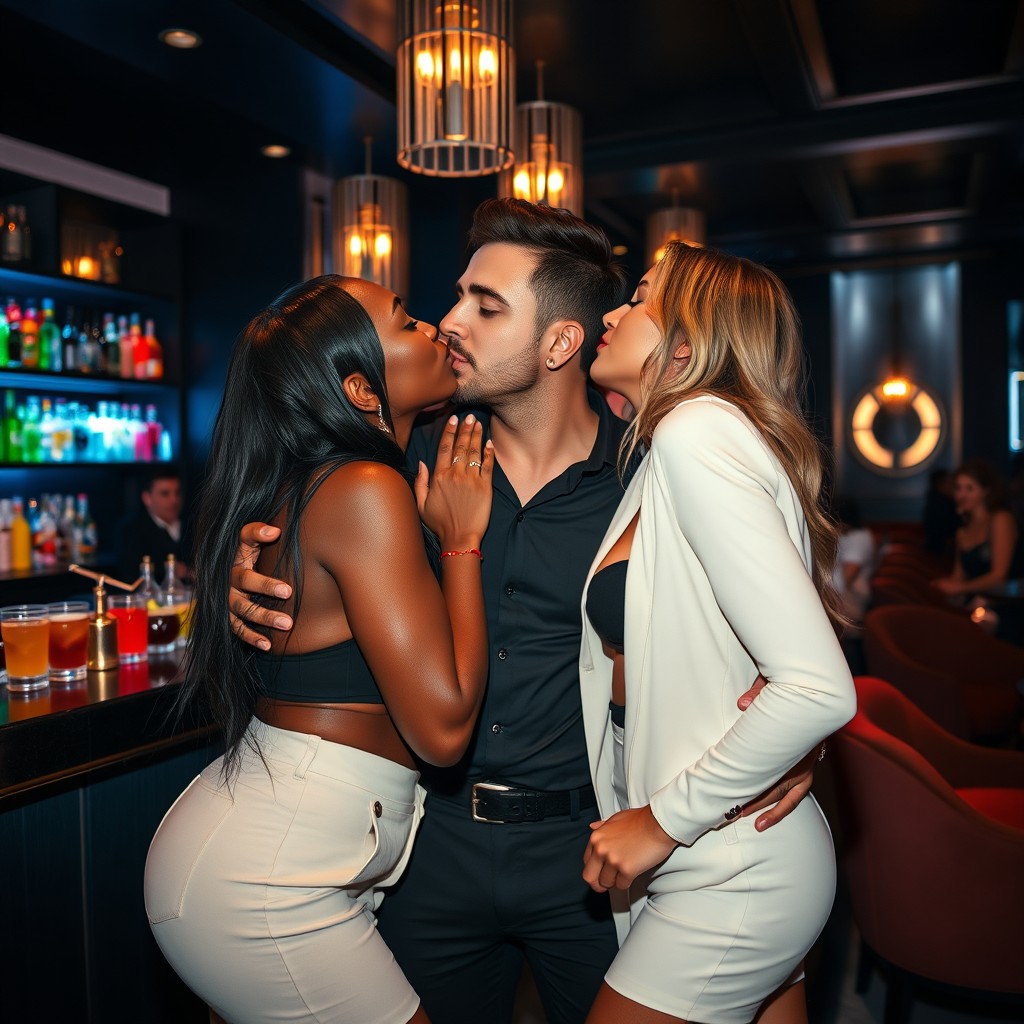 A scene in a stylish bar featuring a man kissing two women simultaneously