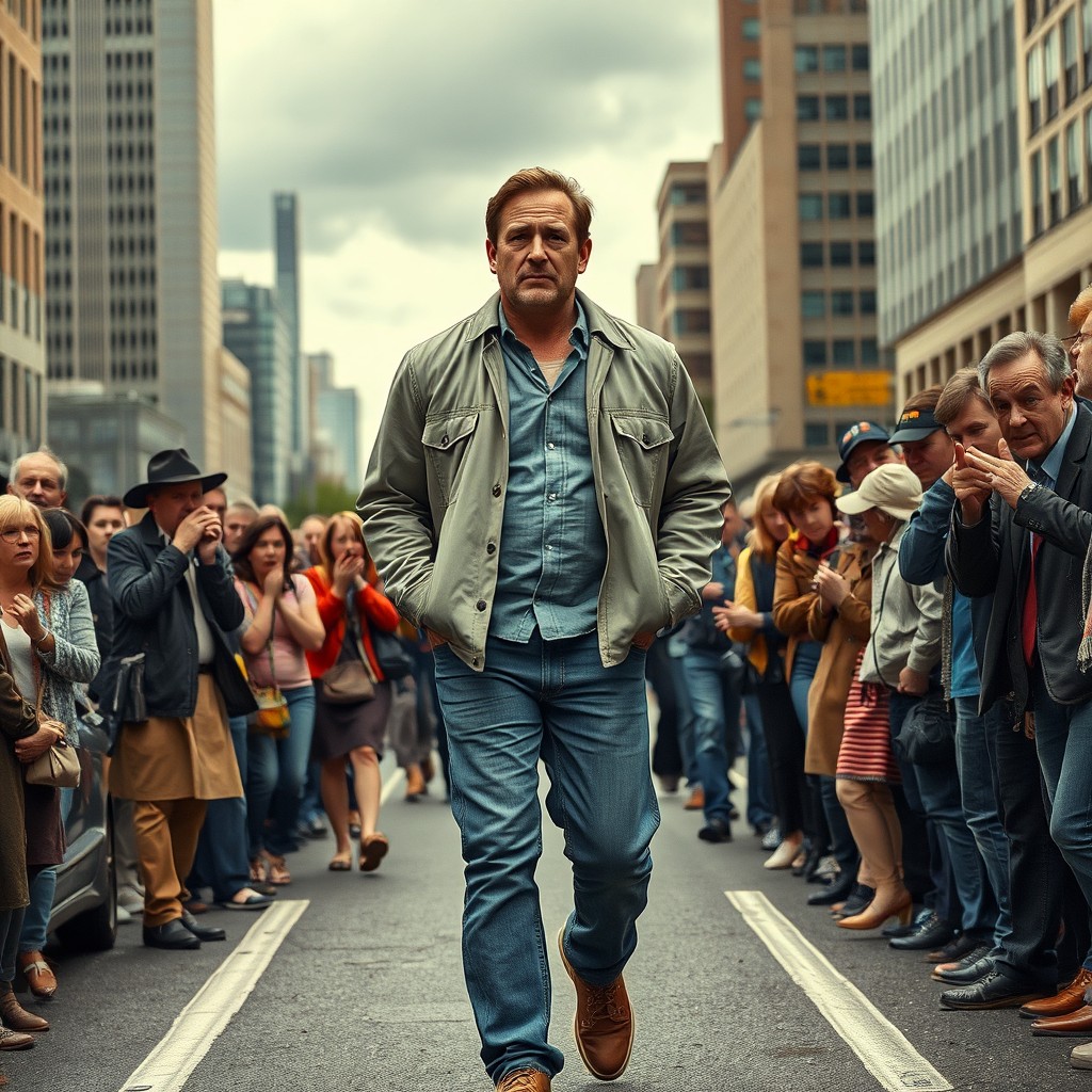 A scene depicting a man walking down a busy street, looking slightly bewildered and empty-handed