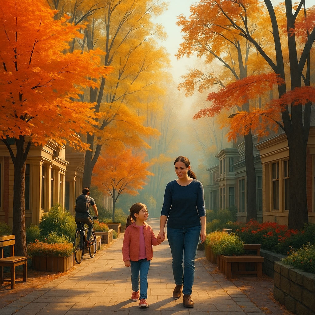 A serene autumn street scene featuring vibrant orange and yellow trees lining a peaceful pathway