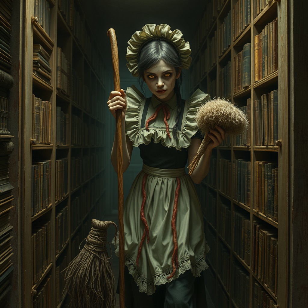 A hellish maid with glowing eyes, clad in a ragged maid outfit, wielding a grotesque mop made of intestines and holding dusters made of hair