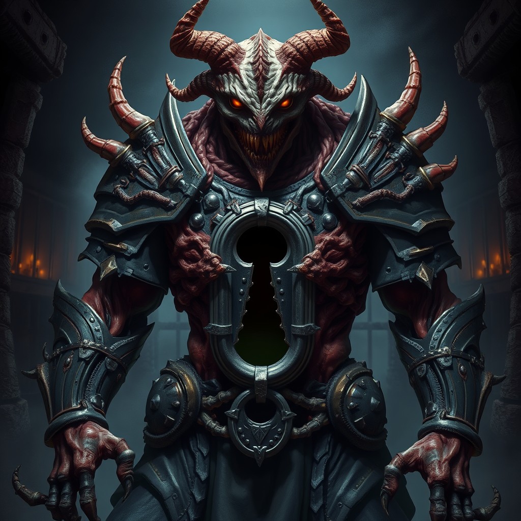 A hellish creature serving as a jailer, adorned in an intricate suit of armor that combines flesh and steel