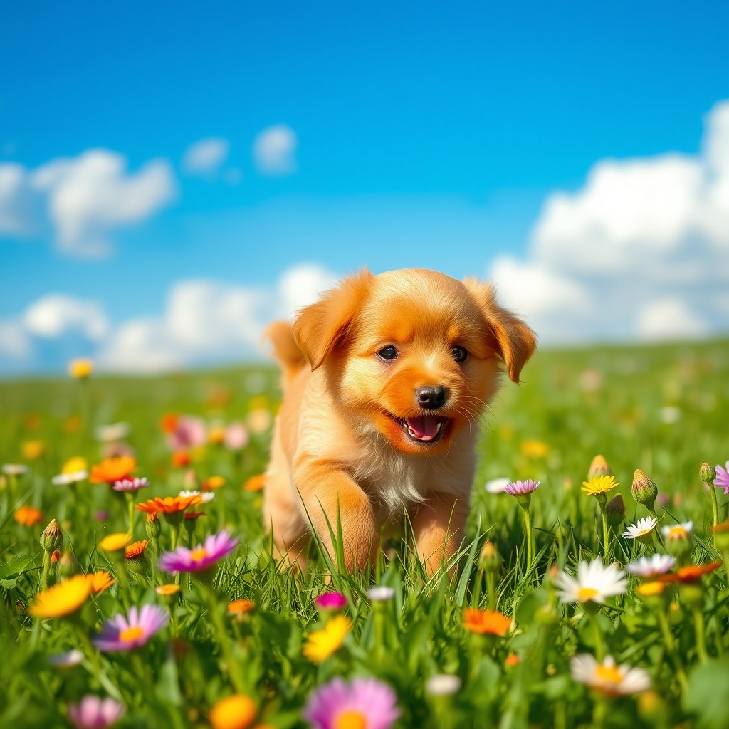 A small, adorable red-haired puppy playing in a vibrant green meadow, surrounded by colorful wildflowers