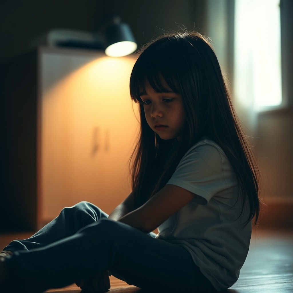 A sad girl sitting on the floor in a dimly lit room, tears streaming down her face, illuminated by a single overhead light that casts soft shadows around her