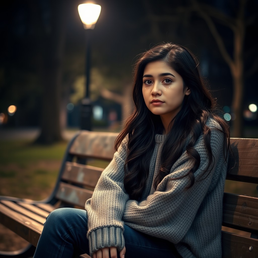An older girl, around her late twenties, sitting on a weathered wooden bench in a dimly lit park at night, tears streaming down her cheeks