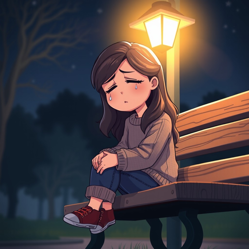 A realistic cartoon illustration of a girl sitting on a bench in the middle of the night, crying softly