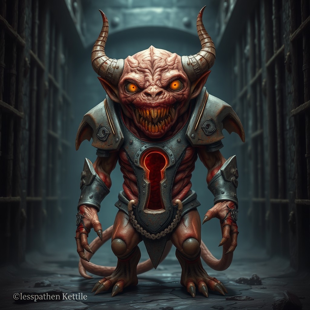 A small hellish creature designed as a keyhole-like devil, clad in a bizarre suit of armor made from a disturbing mix of flesh and steel