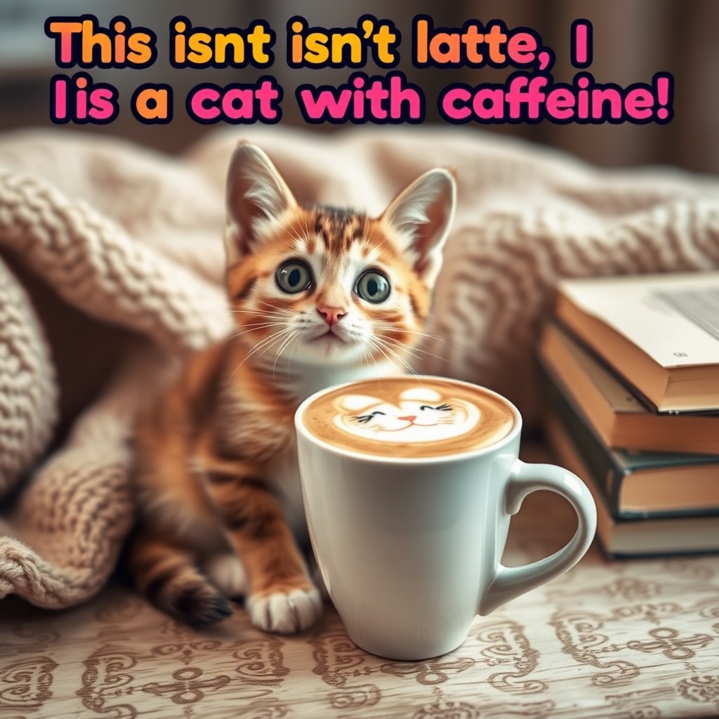 An amusing overlay on an image featuring a whimsical scene of a cute cat with wide, energetic eyes, sitting next to a coffee cup