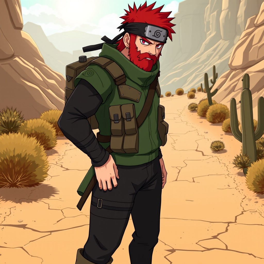 A rugged ninja character design featuring short red hair and a full, neatly trimmed red beard that enhances his rugged appearance