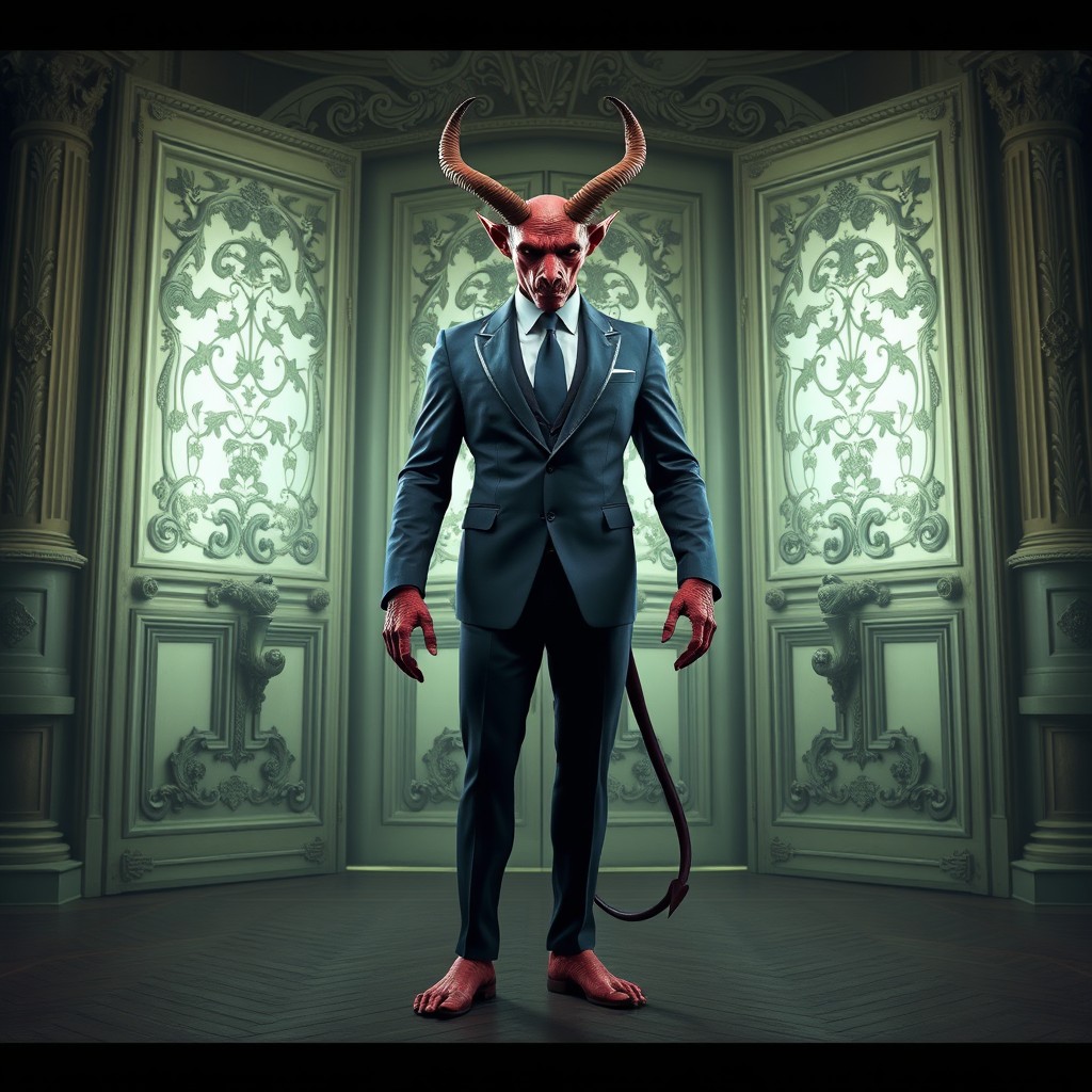 A tall seven-foot devil stands regally in front of magnificent double doors, exuding an air of decorum and manners