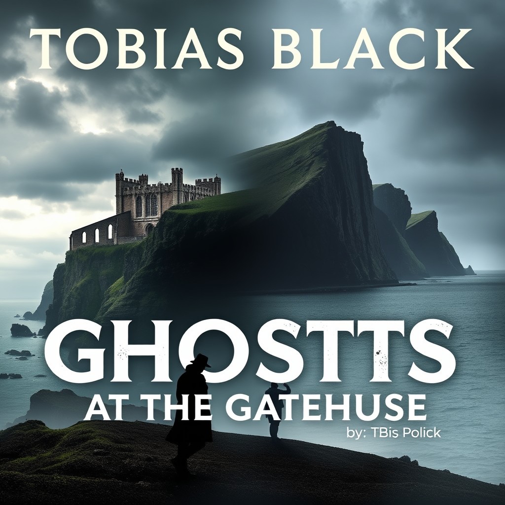 A striking book cover for the novel 'Ghosts at the Gatehouse' by Tobias Black that artfully combines elements of both Whitby and the Isle of Wight
