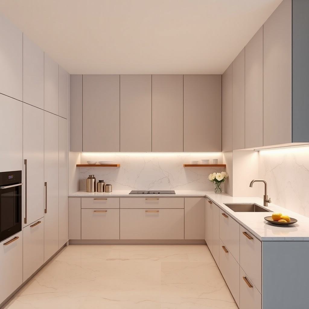 A spacious modern kitchen featuring handle-less cabinets that reach all the way to the ceiling