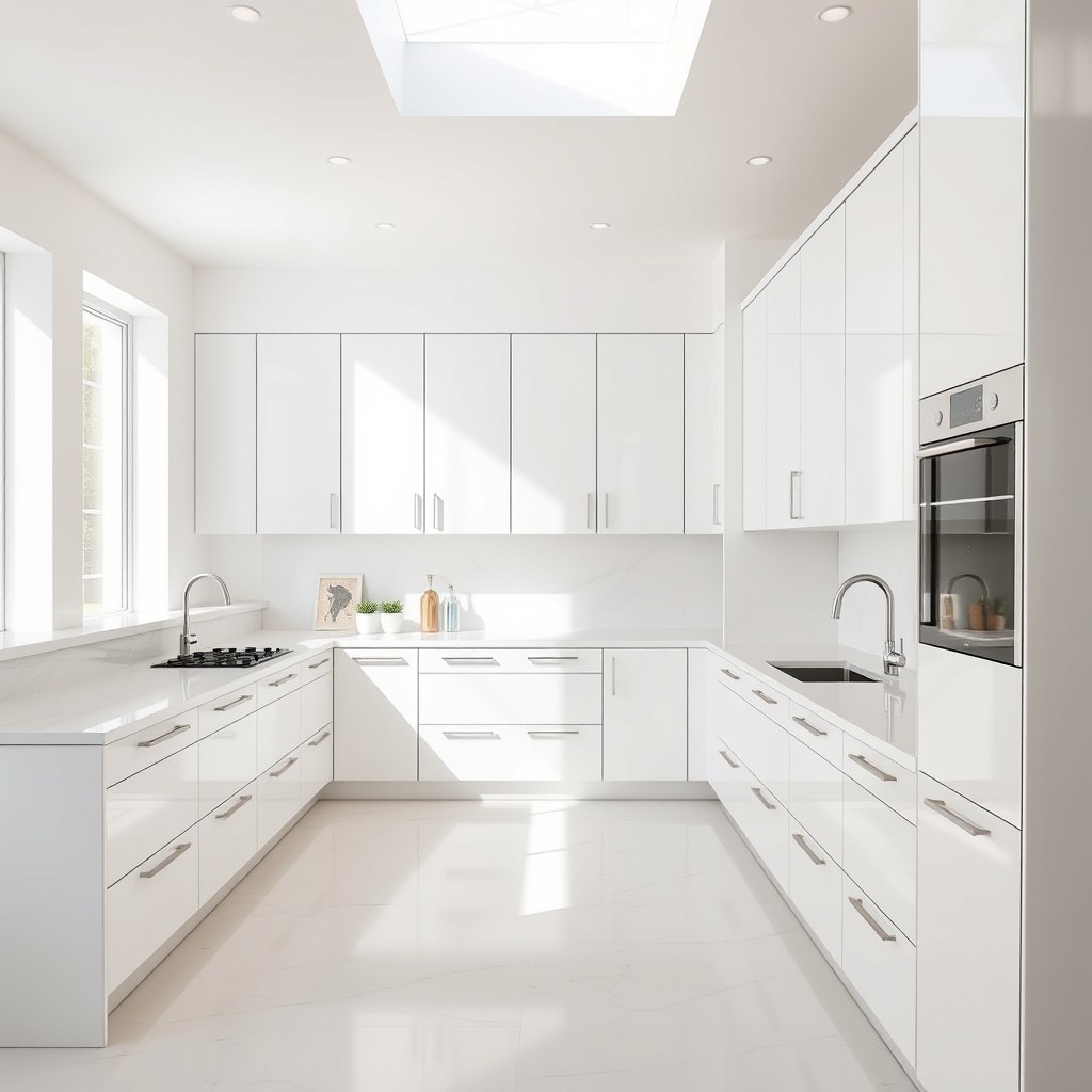 A spacious modern kitchen in white, featuring handle-less cabinets that reach all the way to the ceiling