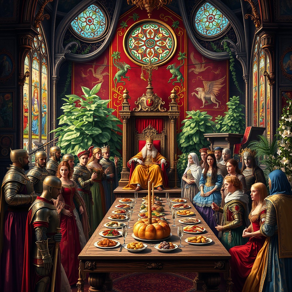 A stunning medieval art piece depicting a vibrant scene from a royal court