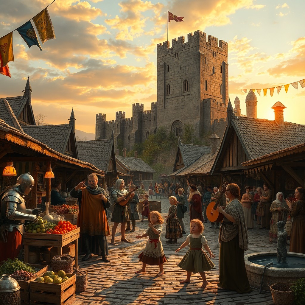 A detailed medieval scene featuring a bustling marketplace in a small village