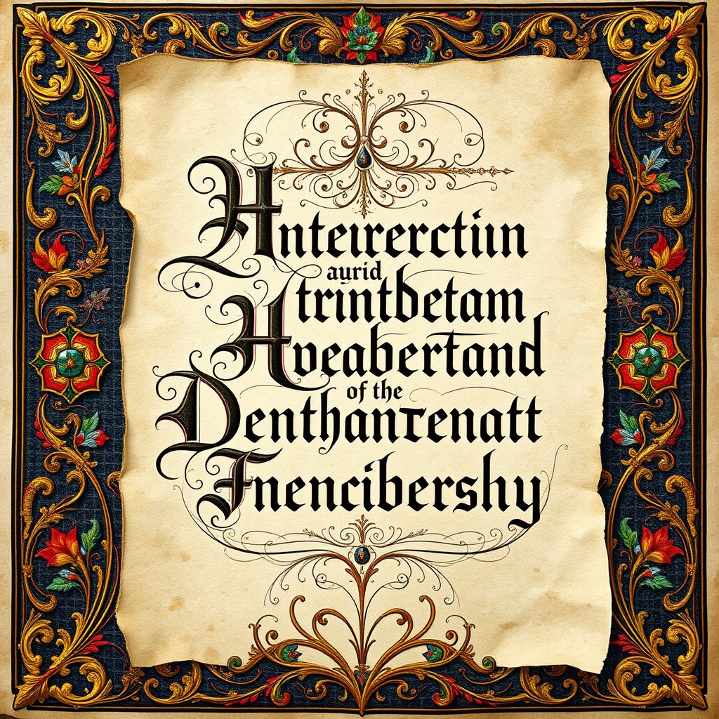An intricate display of medieval calligraphy, showcasing ornate lettering and flourishes