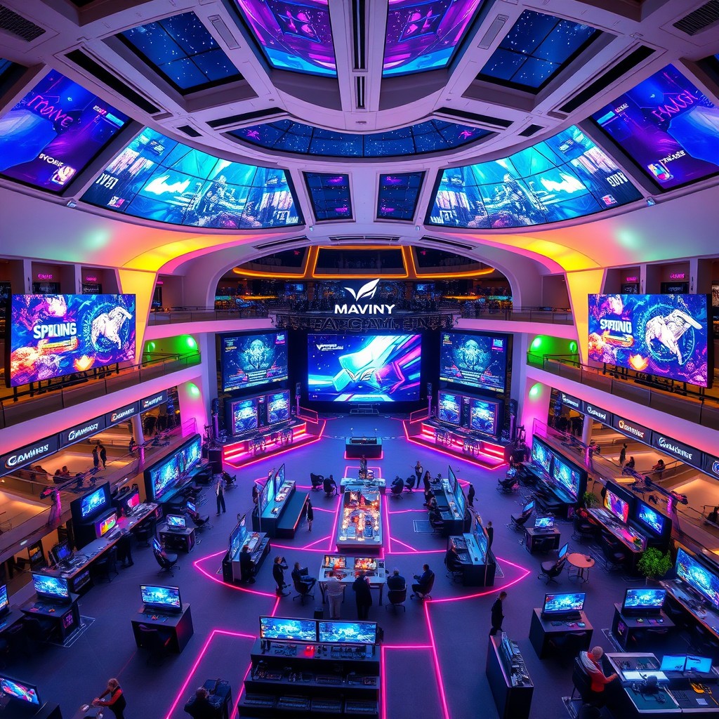 A large futuristic gaming resort structure designed to host up to 2000 gamers, featuring multiple LED screens displaying vibrant game graphics and interactive elements