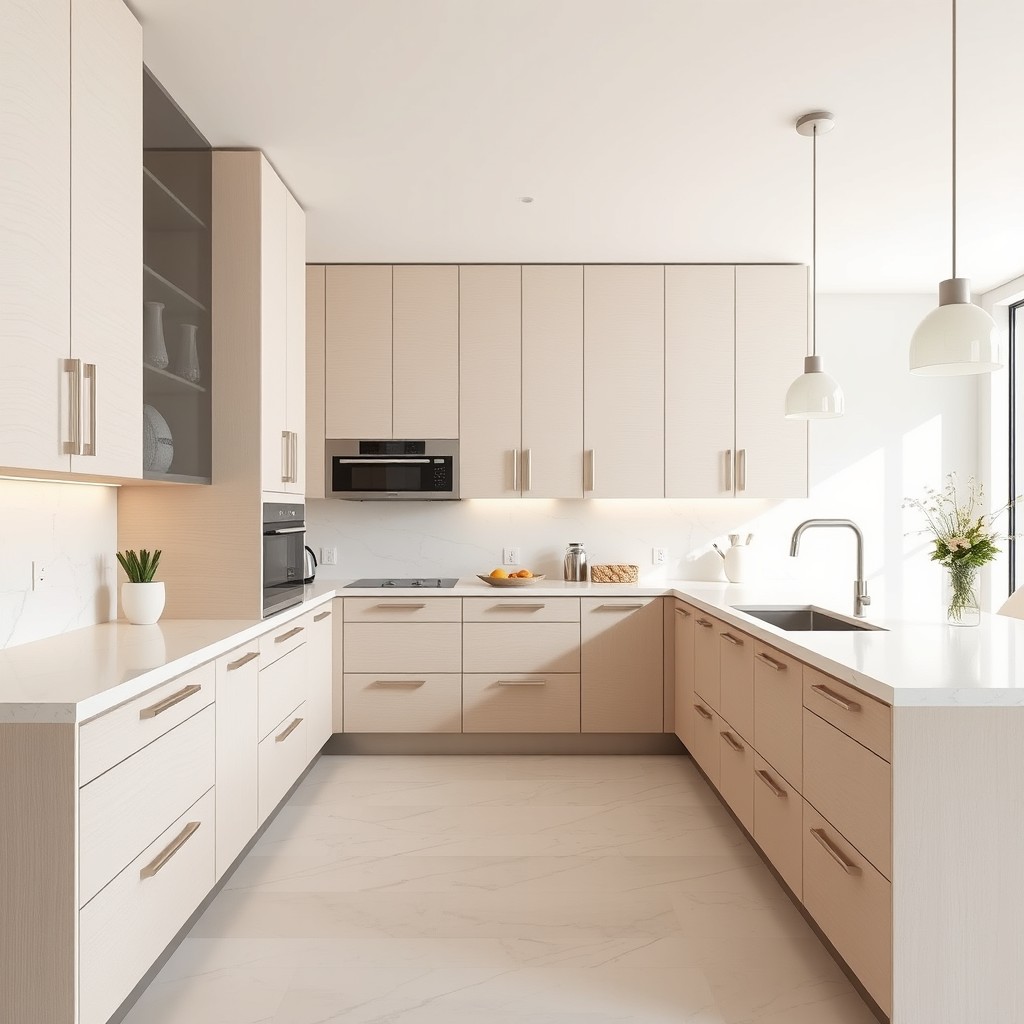 A spacious modern kitchen featuring stunning handle-less cabinets designed with elegant curves and smooth finishes that reach all the way to the ceiling