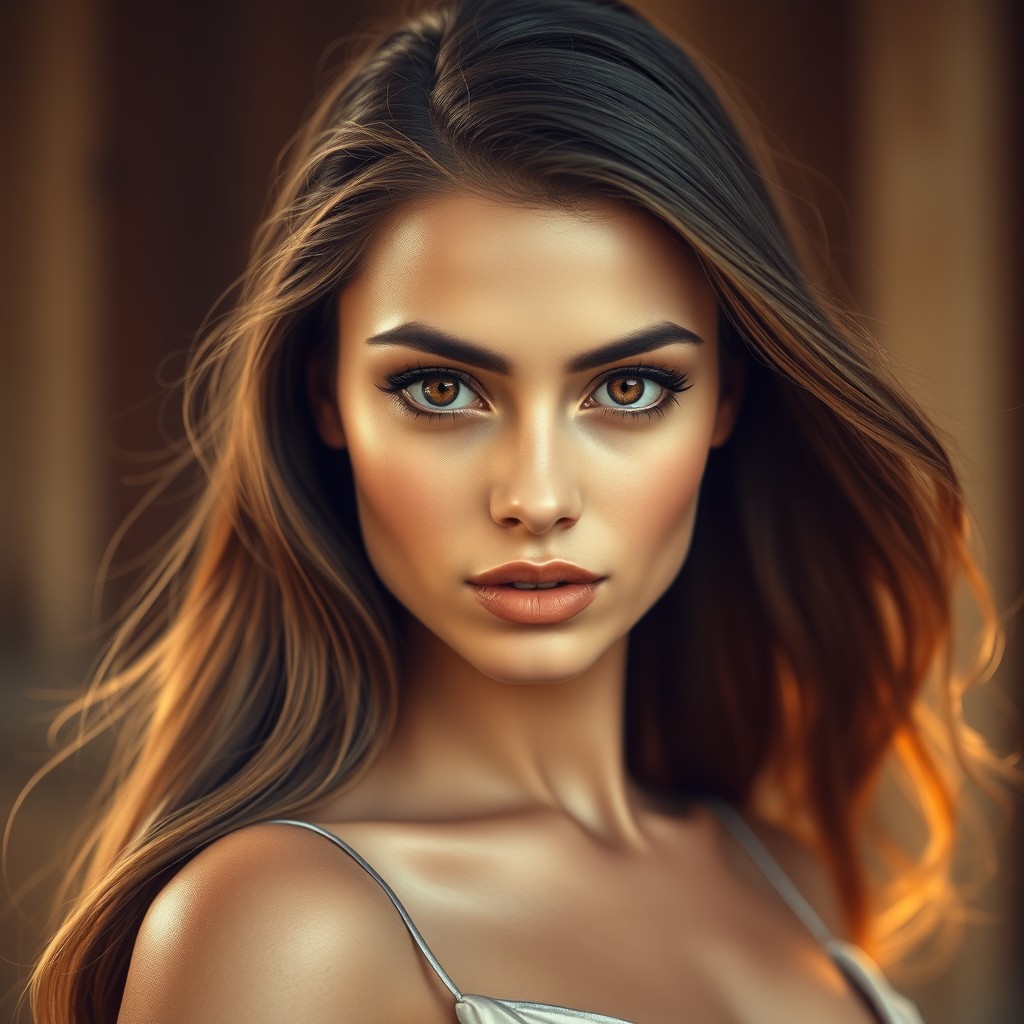 A super realistic portrait of a woman with striking features, long flowing hair, and captivating eyes, wearing an elegant dress