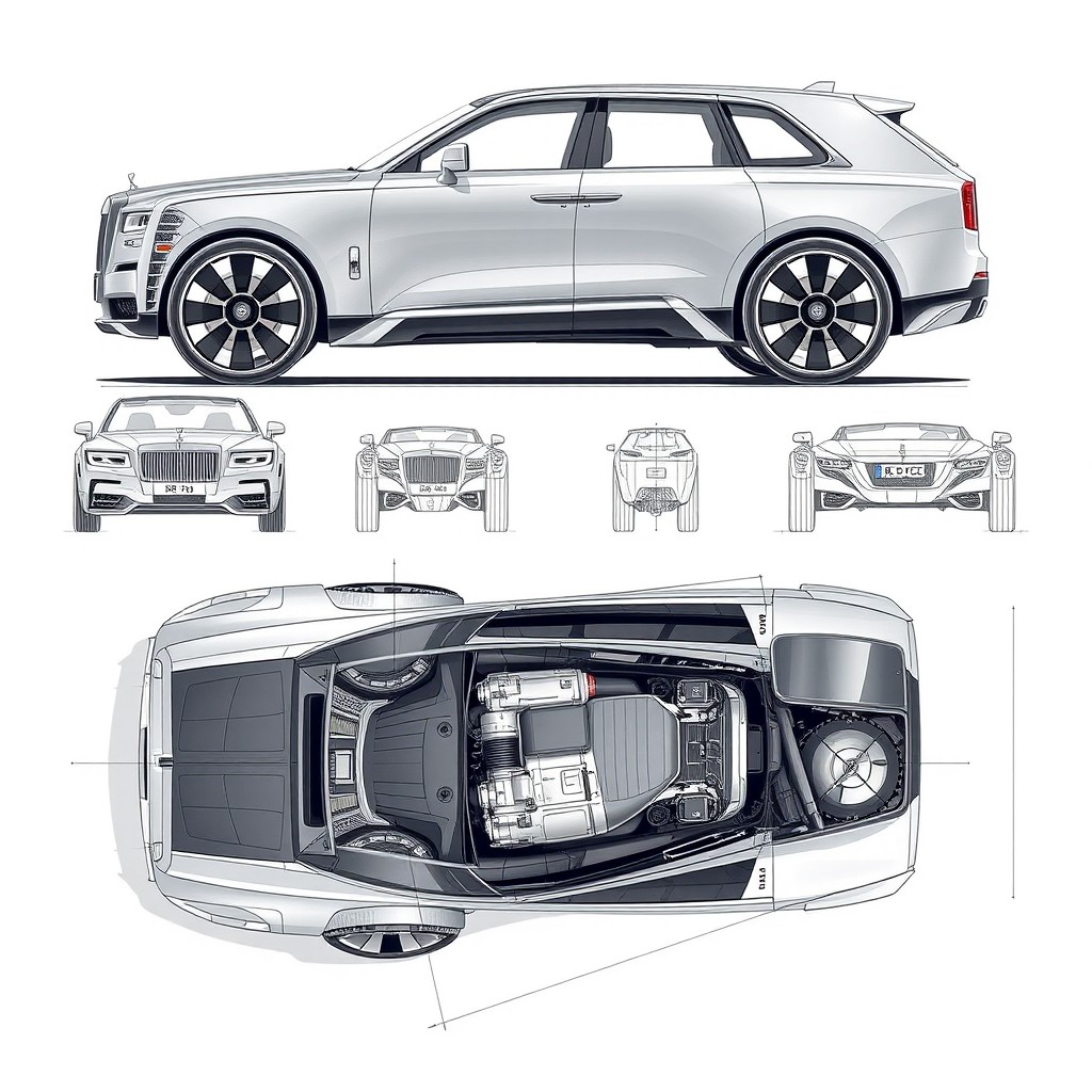 Futuristic car blueprint sketches of a Wagon R VXL and a Rolls-Royce, showcasing detailed designs from multiple angles including front, back, left, right, and top views