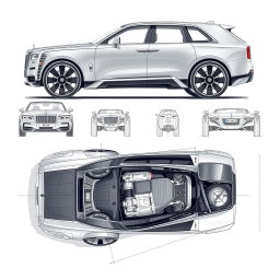 Futuristic car blueprint sketches of a Wagon R VXL and a Rolls-Royce, showcasing detailed designs from multiple angles including front, back, left, right, and top views