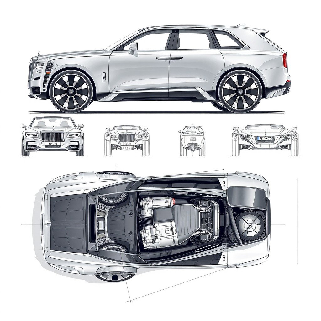 Futuristic car blueprint sketches of a Wagon R VXL and a Rolls-Royce, showcasing detailed designs from multiple angles including front, back, left, right, and top views