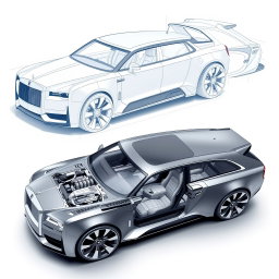 Futuristic car blueprint sketches of a Wagon R VXL and a Rolls-Royce, showcasing detailed designs from multiple angles including front, back, left, right, and top views