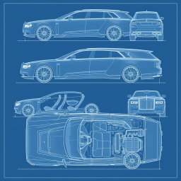 Futuristic car blueprint sketches of a Wagon R VXL and a Rolls-Royce, showcasing detailed designs from multiple angles including front, back, left, right, and top views