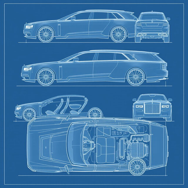 Futuristic car blueprint sketches of a Wagon R VXL and a Rolls-Royce, showcasing detailed designs from multiple angles including front, back, left, right, and top views