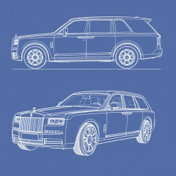 Car blueprint sketches of a Wagon R VXL and a Rolls-Royce, showcasing detailed designs from various angles including front, back, left, right, and top views
