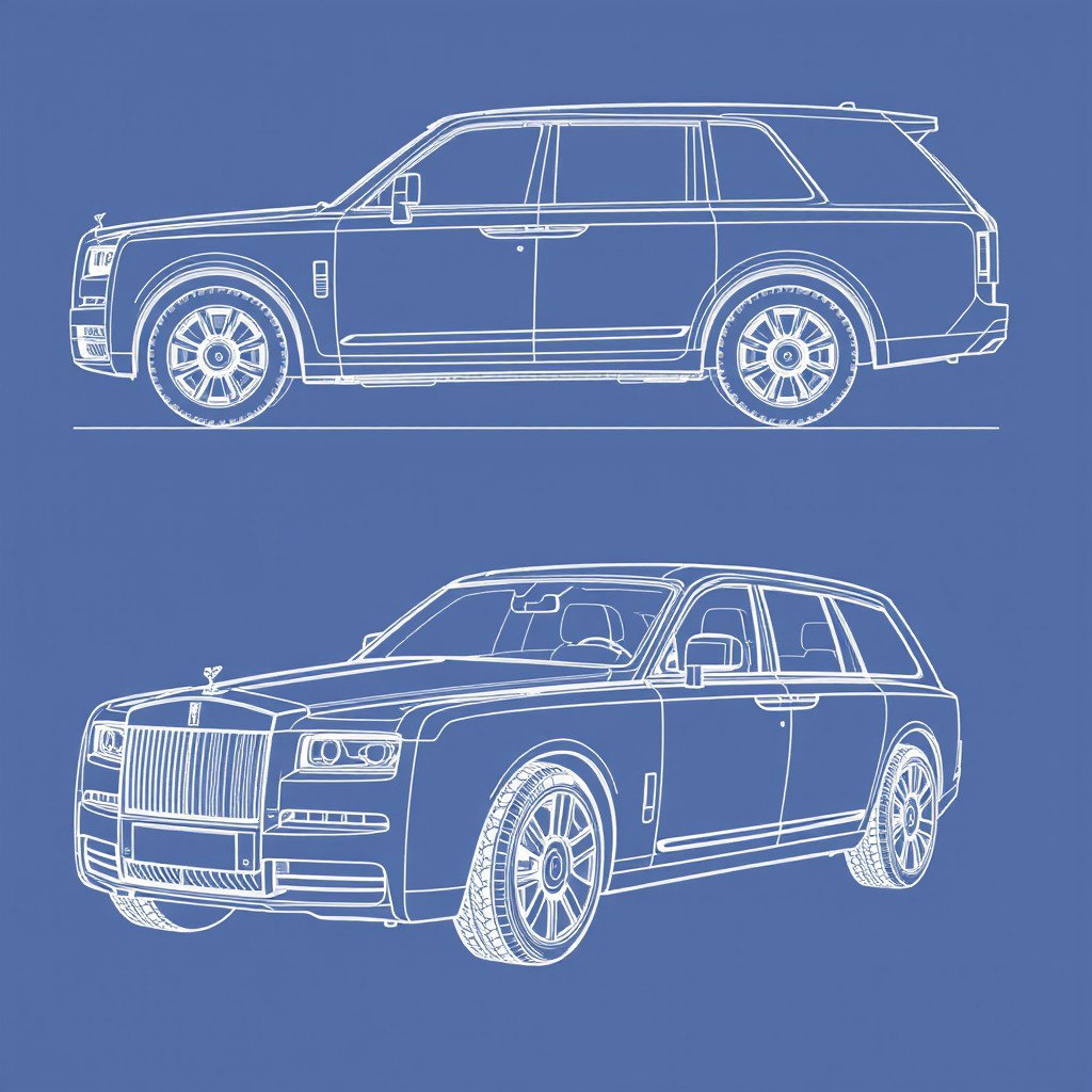 Car blueprint sketches of a Wagon R VXL and a Rolls-Royce, showcasing detailed designs from various angles including front, back, left, right, and top views