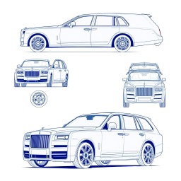 Car blueprint sketches of a Wagon R VXL and a Rolls-Royce, showcasing detailed designs from various angles including front, back, left, right, and top views