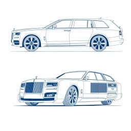 Car blueprint sketches of a Wagon R VXL and a Rolls-Royce, showcasing detailed designs from various angles including front, back, left, right, and top views