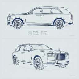 Car blueprint sketches of a Wagon R VXL and a Rolls-Royce, showcasing detailed designs from various angles including front, back, left, right, and top views