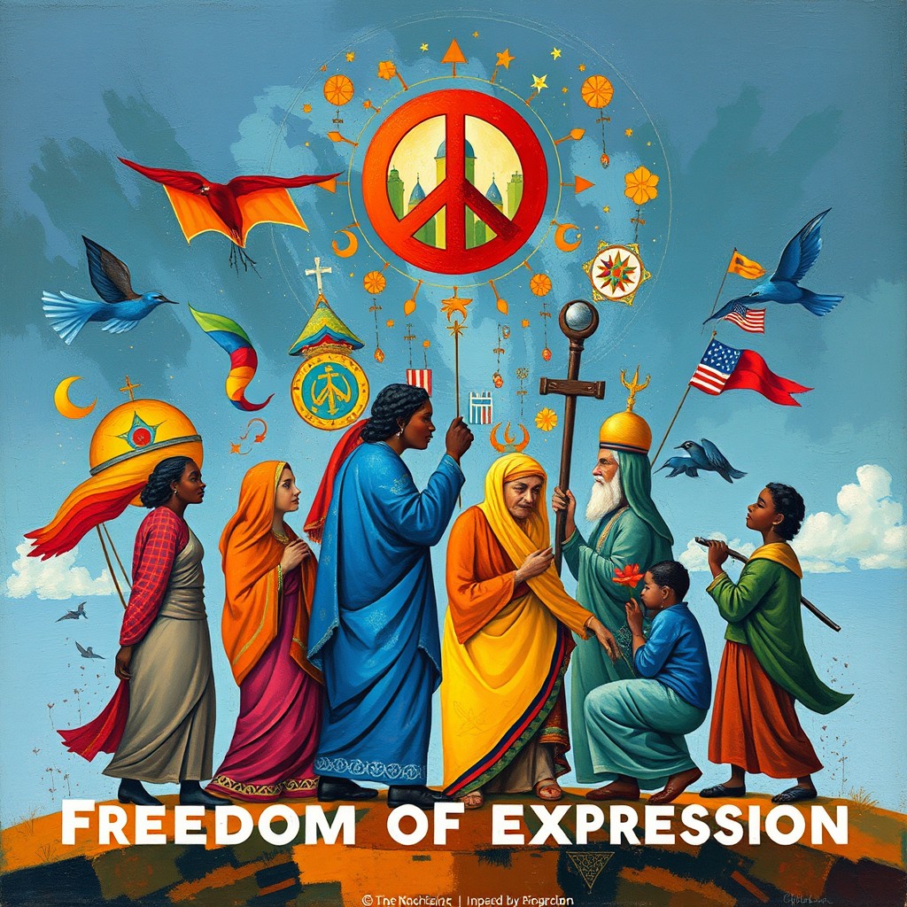 An artistic interpretation that captures the essence of freedom of expression, with focus on abstract elements symbolizing peace, dialogue, and multiculturalism in a diverse society