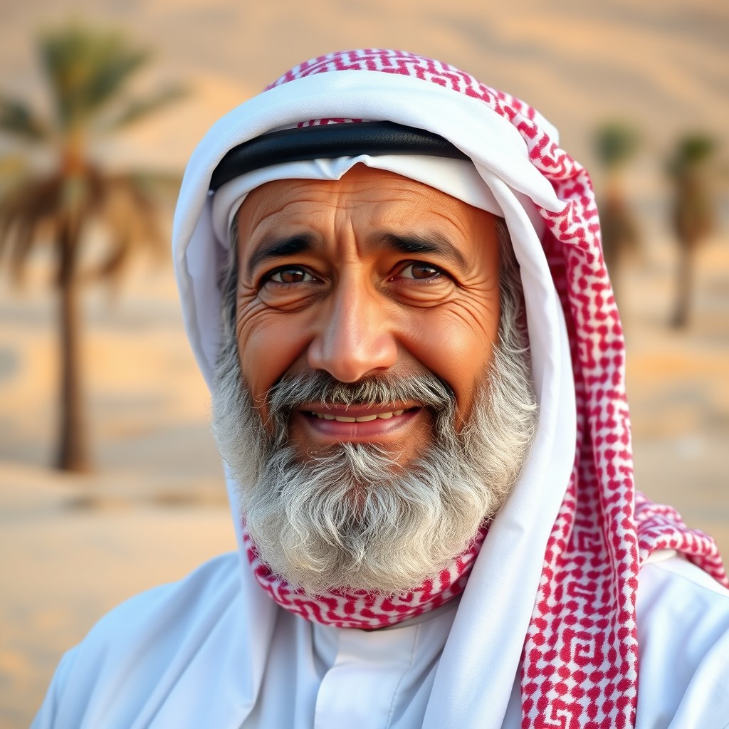 A portrait of a middle-aged Arab man with distinct facial features, including a well-groomed beard and expressive eyes