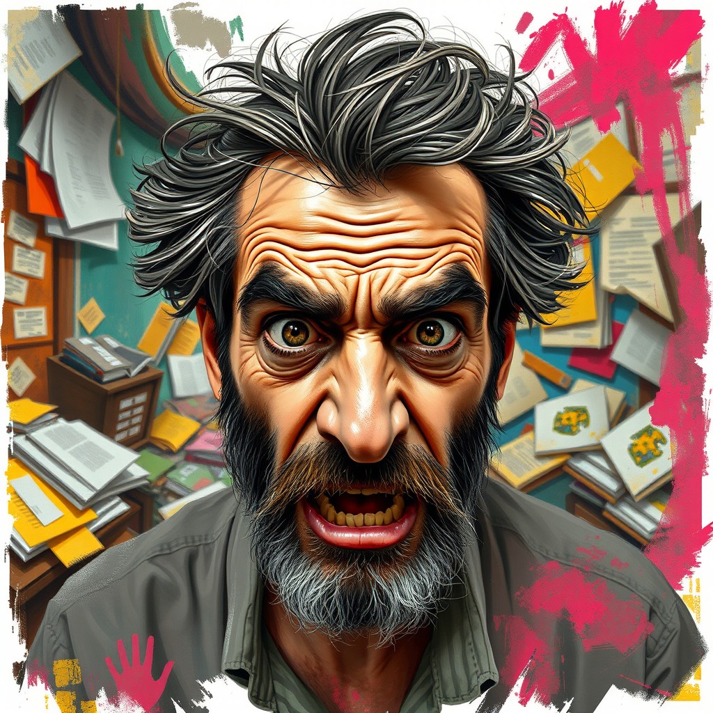 A creative portrait of a middle-aged Arab man with a wild expression, reflecting a sense of madness and intensity