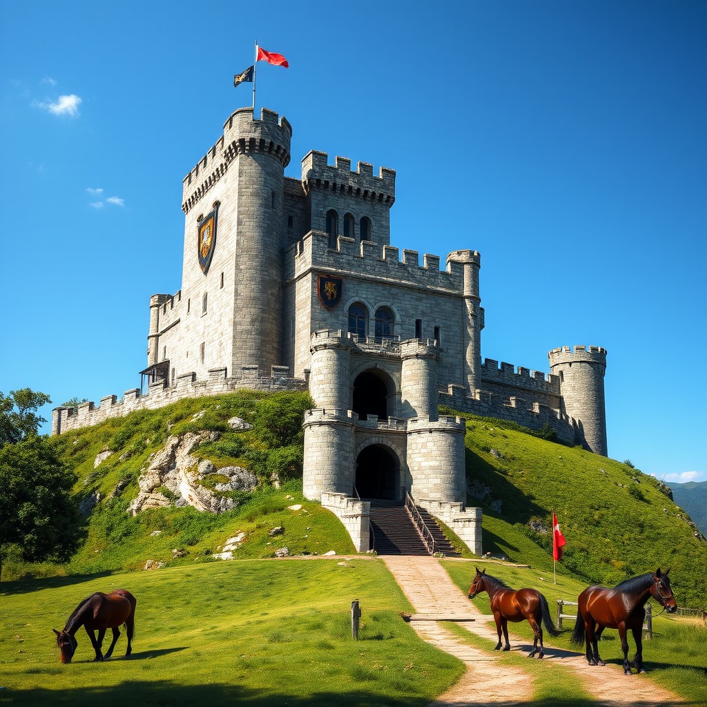 A majestic 12th-century castle, towering on a hilltop with high stone walls, arched windows, and a large wooden drawbridge