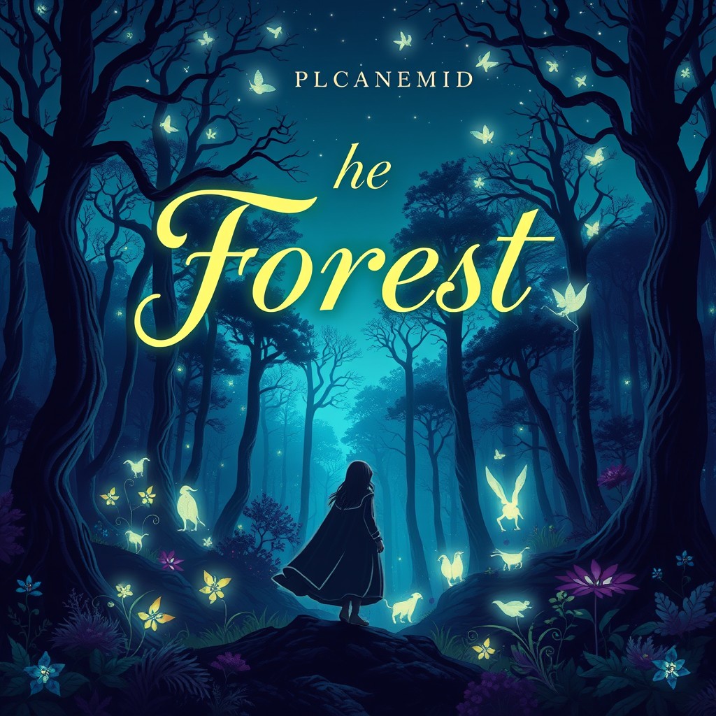 A captivating book cover design featuring a mystical forest at twilight, illuminated by bioluminescent plants and gentle, glowing creatures