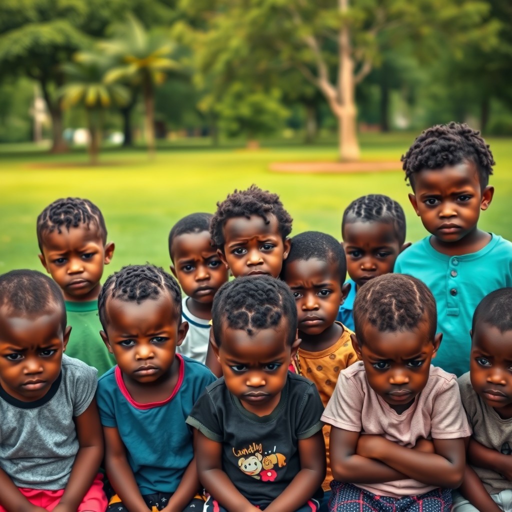 A poignant scene featuring 19 small light-skinned black children, each displaying expressions of sadness and concern