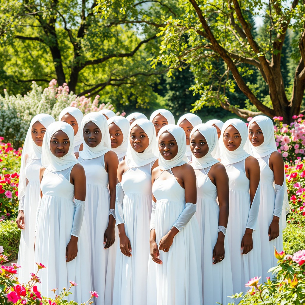 A serene and graceful scene featuring nineteen young light-skinned black women, each dressed in flowing white gowns and adorned with elegant white headscarves
