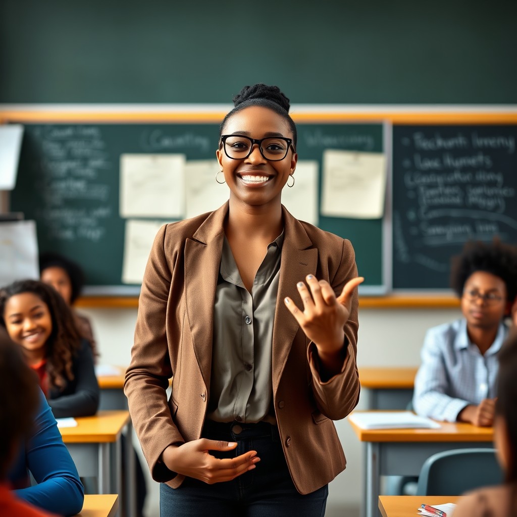 A confident young light-skinned black woman standing in front of a classroom, embodying the role of a professor