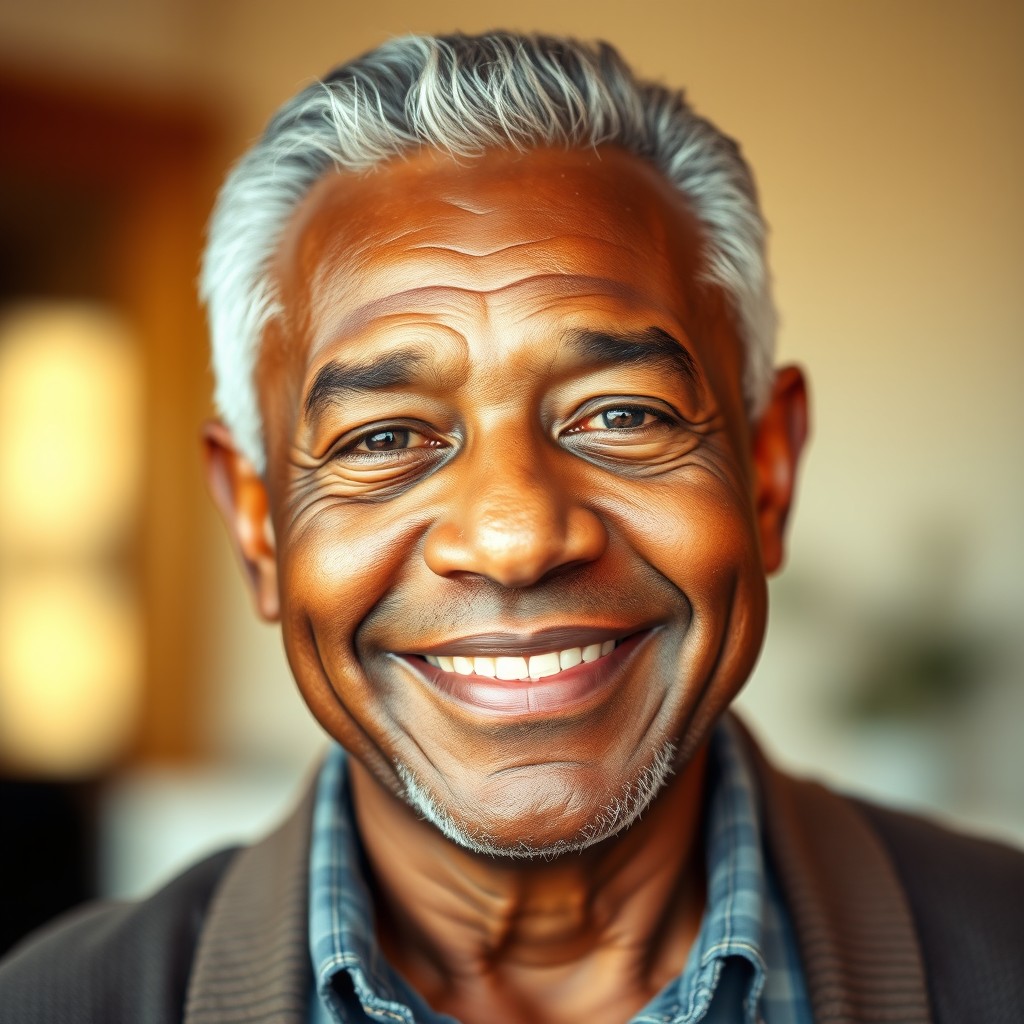 A portrait of a 60-year-old light-skinned black man with a round face, showcasing his warm smile and expressive eyes that tell stories of wisdom and experience