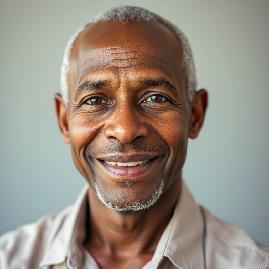 A portrait of a 60-year-old light-skinned black man with a round face and no facial hair, showcasing his kind smile and warm, expressive eyes that reflect wisdom and experience