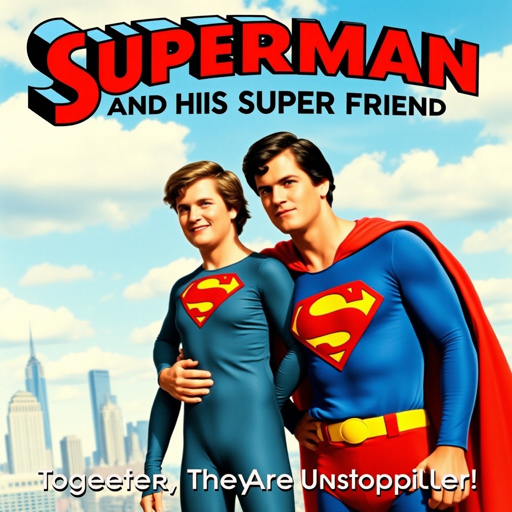 A heroic movie poster featuring Superman and his super friend, captured in the classic 1978 Superman film style