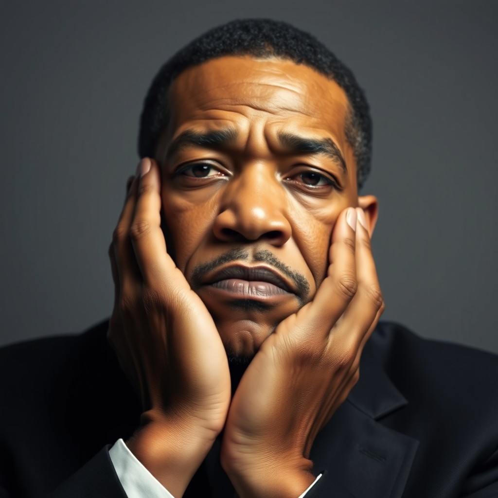 A poignant portrait of Malcolm X, depicted in a moment of deep reflection and concern, holding his face in his hands, exuding feelings of dejection and disconcertion