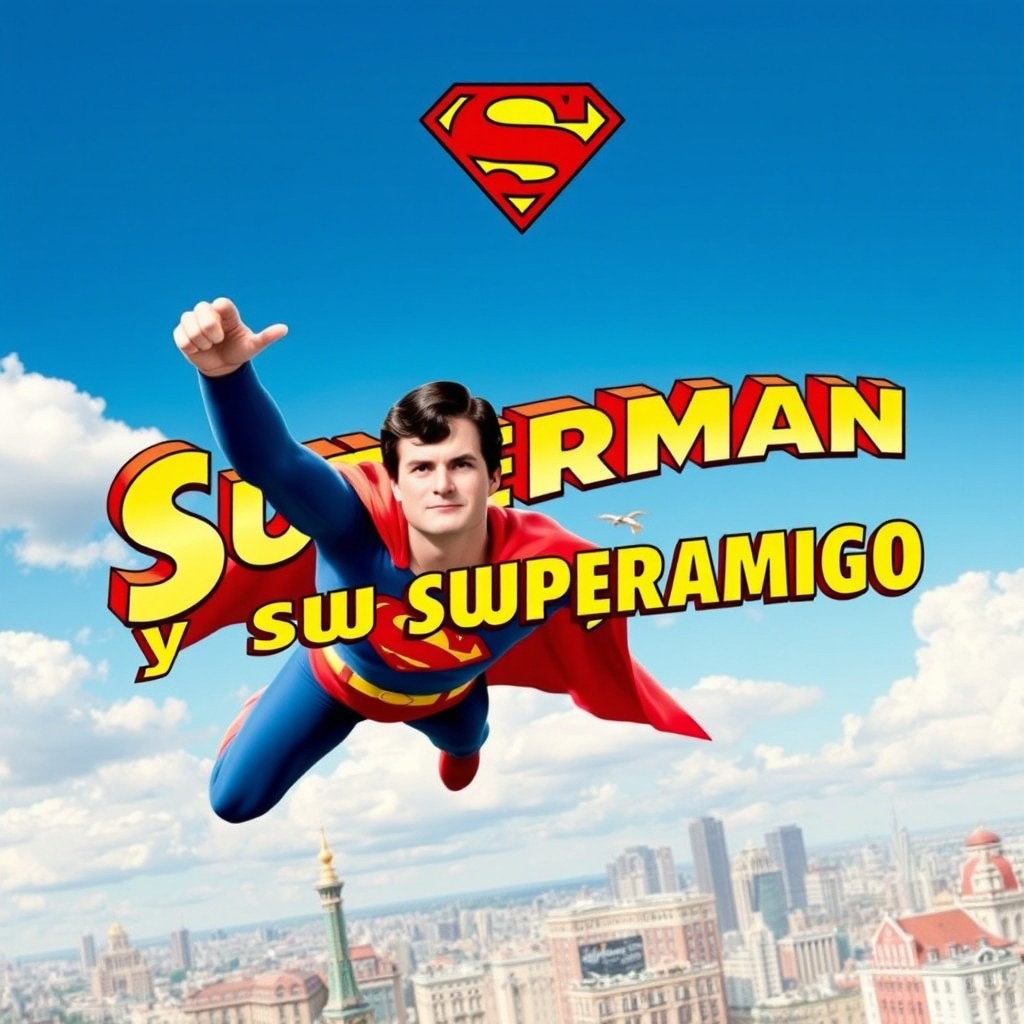 A vibrant movie poster featuring the title "Superman y su Superamigo" styled after the iconic 1978 Superman film