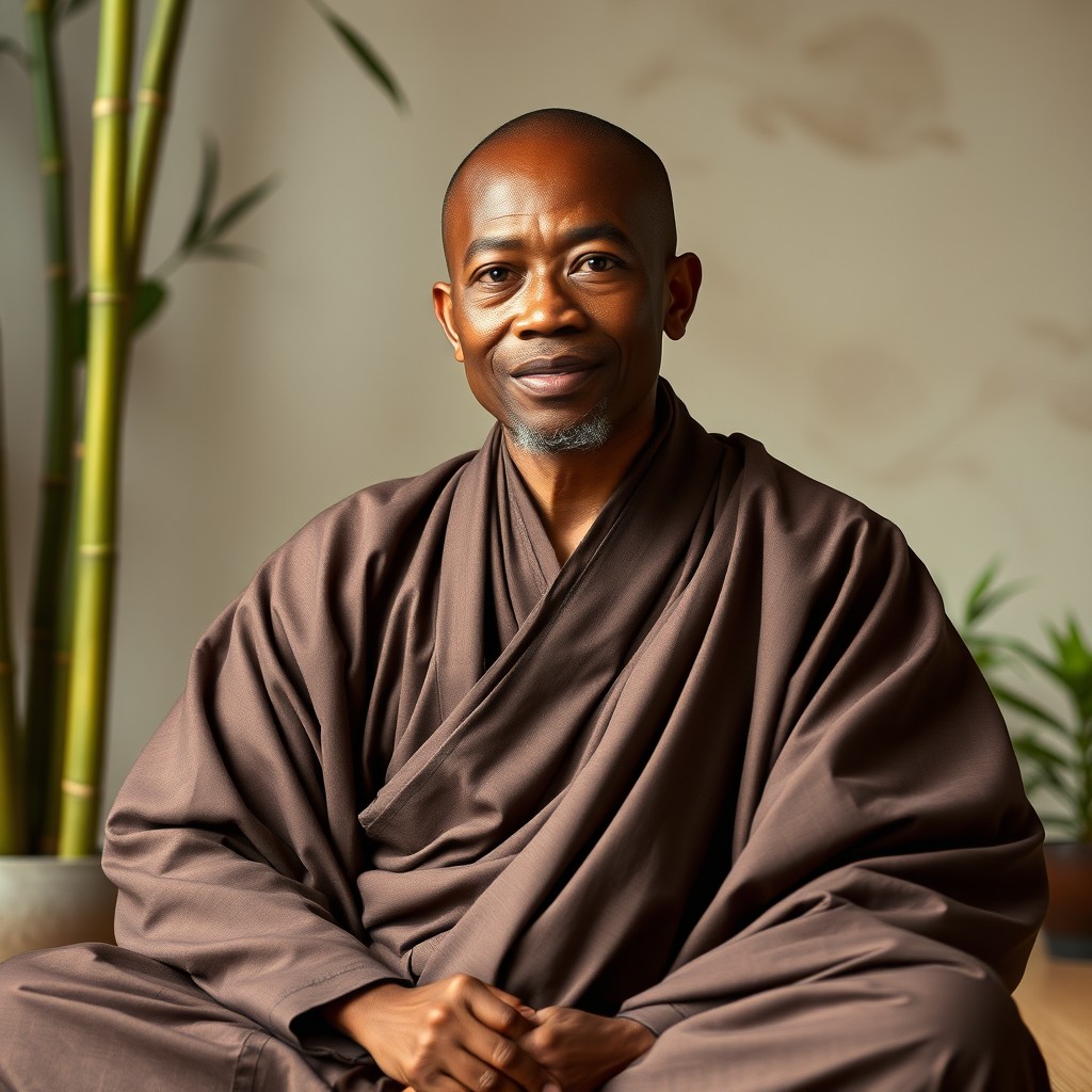 A serene portrait of a light-skinned Black Buddhist scholar, depicted in a thoughtful pose while sitting cross-legged